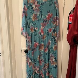 Coldwater Creek Teal Floral Long Sleeve Dress